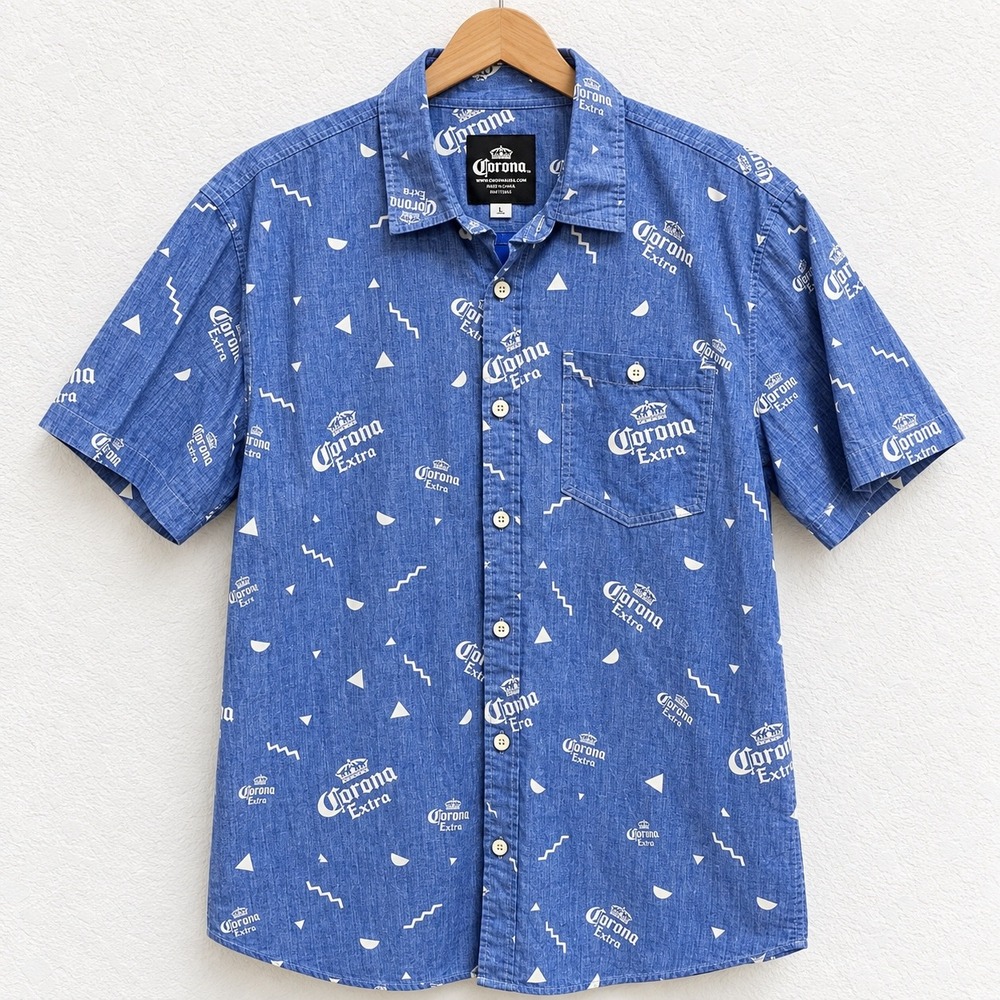 Corona Extra Mens Large Blue Geometric Logo Button Down Short Sleeve Shirt L